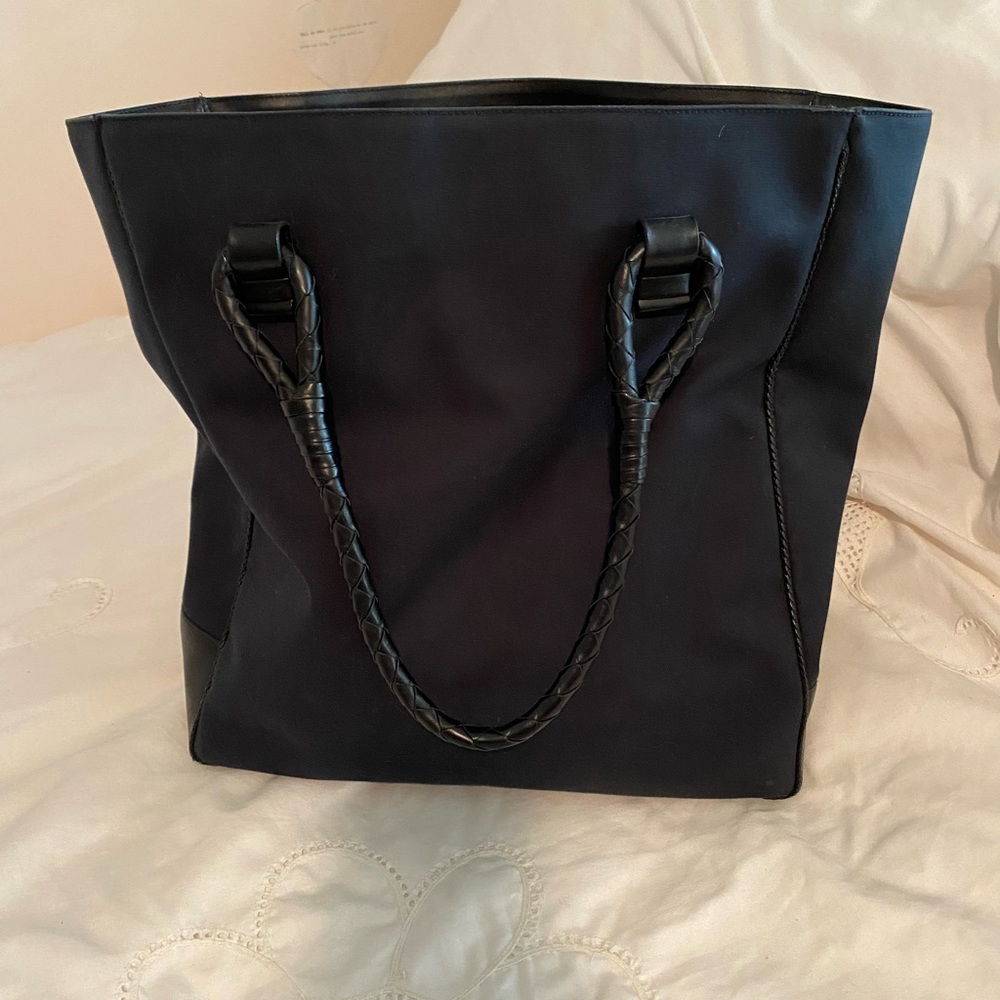Bottega Venetta Canvas and Leather Tote Navy Blue canvas and Black Leather Trim